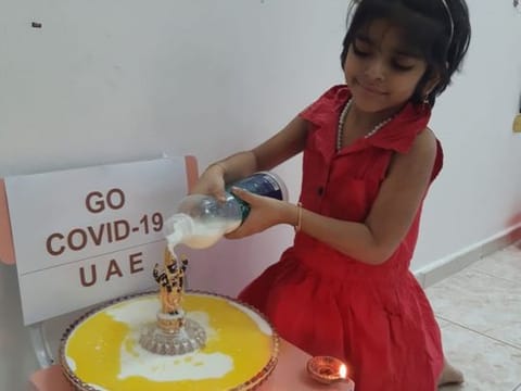 Little Chirasvi Mukku and her father offered special prayers for an early end to the pandemic at their home