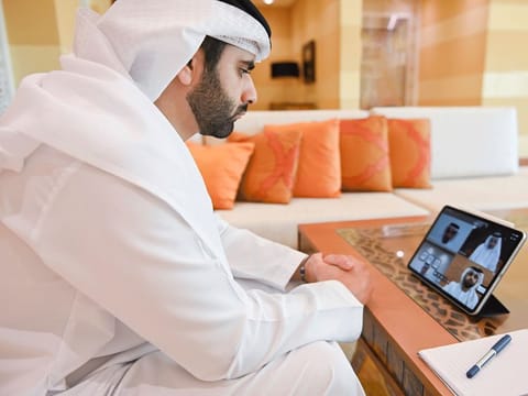Sheikh Mansoor engrossed in a virtual meeting of Dubai Sports Council in recent months.