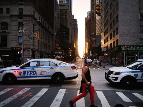 Police enforce an 8pm curfew as thousands of demonstrators again take to the streets of Manhattan to show anger at the police killing of George Floyd on June 02, 2020 in New York City. 