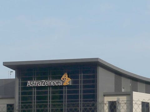 A view of the AstraZeneca logo, on a building, in South San Francisco, California. 