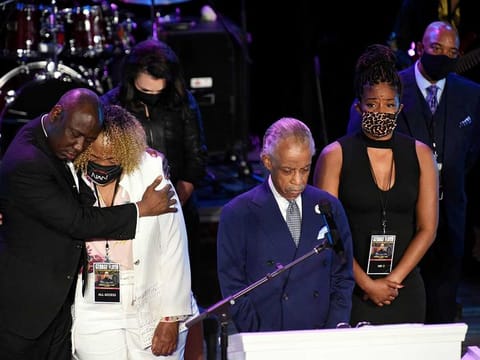 Reverend Al Sharpton leads a moment of silence during a memorial service for George Floyd, who died in Minneapolis police custody, in Minneapolis, Minnesota, US, June 4, 2020.