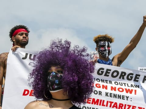Demonstrators rally on the steps of the Philadelphia Museum of Art Saturday, June 6, 2020 in Philadelphia.