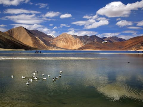 In this June 17, 2016, file photo, an Indian tourist rides on a horse back at the Pangong Lake high up in Ladakh region of India. Tensions along the China-India border high in the Himalayas have flared again in recent weeks.  Indian officials say the latest row began in early May when Chinese soldiers entered the Indian-controlled territory of Ladakh at three different points, erecting tents and guard posts. 