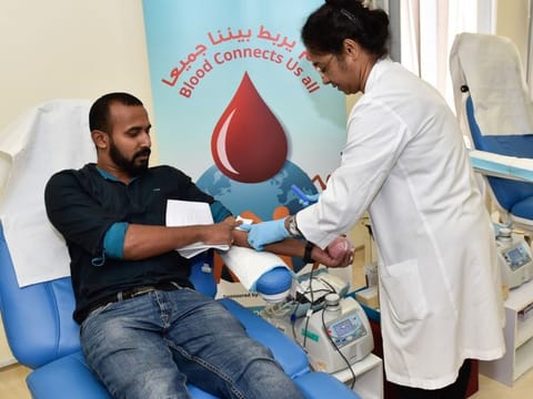 Residents donating blood at Dubai blood donation centre in Latifa hospital to mark the World Blood Donation Day. 