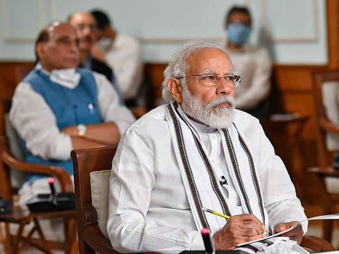 Prime Minister Narendra Modi during an all party meeting to discuss the situation along the India-China border via video conferencing, in New Delhi