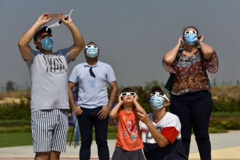 Ahmed Ramzan/ Gulf NewsEnthusiasts witness the Annullar eclipses occur when the moon passing between Earth and Sun, seen from Al Thuraya Dubai Astronomy Centre, Dubai. June 21 2020, Photo: Ahmed Ramzan/ Gulf News