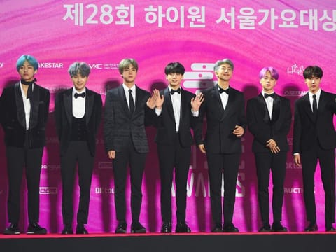 South Korean boy band BTS pose on the red carpet at the 28th Seoul Music Awards in Seoul on January 15, 2019.