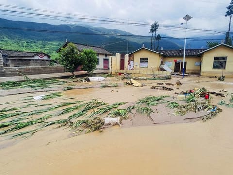 Submerged streets and inundated buildings after heavy rain caused flooding in Mianning county, in the Liangshan Yi Autonomous Prefecture, in southwestern Sichuan province
