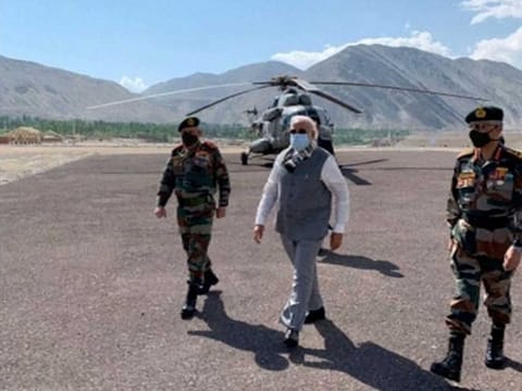 India's Prime Minister Narendra Modi visits India's Himalayan region of Ladakh, India, July 3, 2020, in this still image taken from video. 