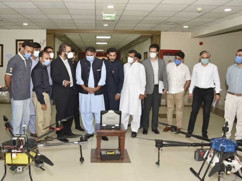 Pakistan Federal Minister for Science & Technology Fawad Chaudhry introduces Pakistan-made drones to fight locust attacks.