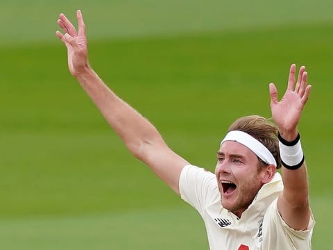 England's Stuart Broad appeals unsuccessfully during the last day of the second cricket Test match between England and West Indies at Old Trafford in Manchester, England, on July 20, 2020. 
