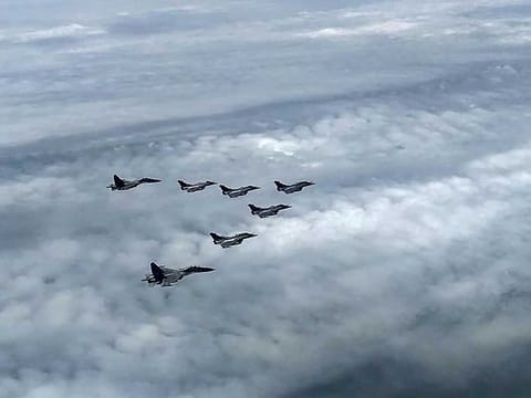 The first batch of five Rafale combat jets, escorted by SU30 MKIs, enter the Indian air space on its way to Ambala airbase from France. 