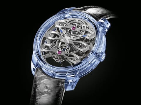 The new Quasar Azure has a translucent 46-mm case, carved out of a single block of blue-tinted sapphire.