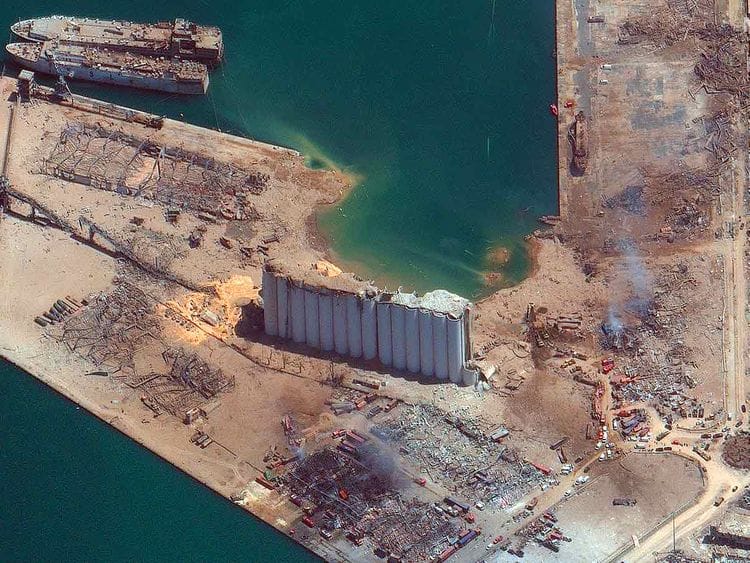 This satellite image provided by Maxar Technologies shows the port of Beirut in Lebanon on Wednesday, Aug. 5, 2020, the day after a massive explosion that left entire city blocks blanketed with glass and rubble.