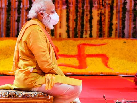 India's prime minister at the ground-breaking ceremony of Ram temple in Ayodhya where a 16th-century mosque was torn down in 1992, sparking riots that killed thousands 