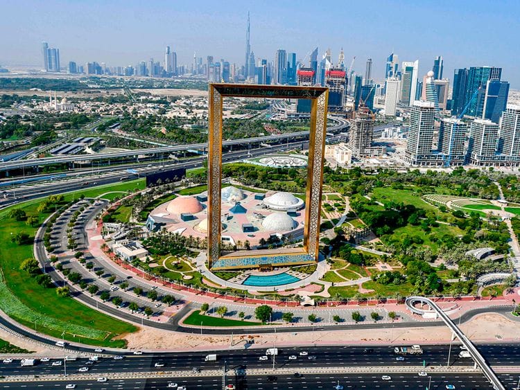 Stock aerial Dubai skyline