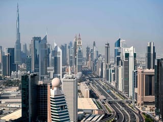 Stock aerial Dubai skyline