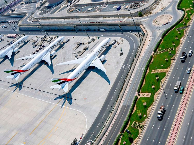 Stock aerial Dubai skyline