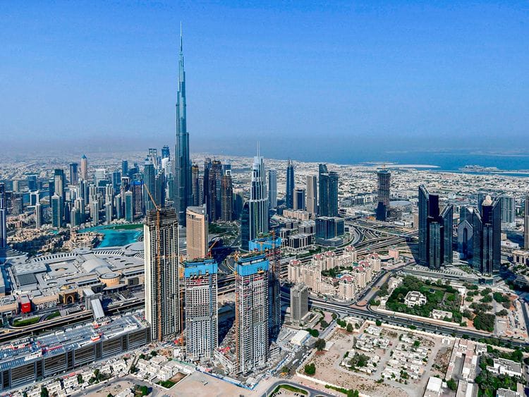 Stock aerial Dubai skyline