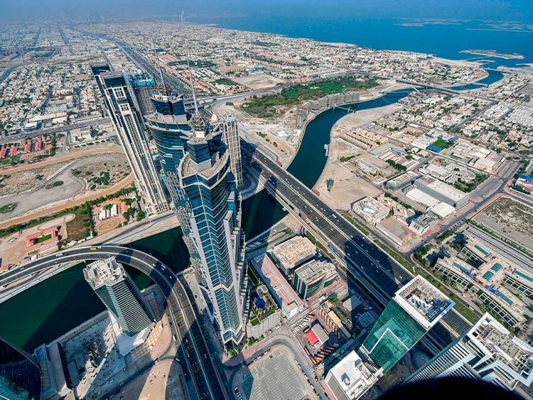 Stock aerial Dubai skyline