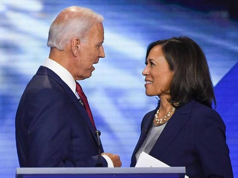  In this file photo taken on September 12, 2019 Former Vice President Joe Biden and Senator Kamala Harris speak in Houston, Texas, after the third Democratic primary debate of the 2020 presidential campaign season hosted by ABC News in partnership with Univision at Texas Southern University in Houston, Texas. 