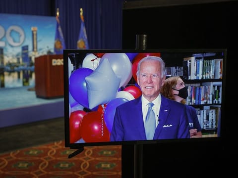Joe Biden is displayed on a video monitor 
