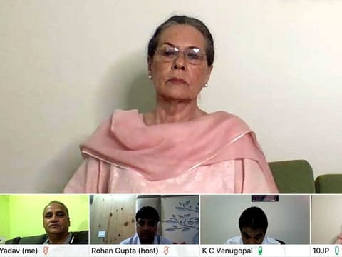 Congress Interim party president Sonia Gandhi attends the Congress Working Committee's virtual meeting, in New Delhi on Monday. 