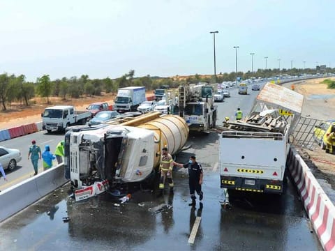 The site of the Sharjah accident involving a truck and two other vehicles 