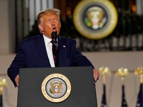 US President Donald Trump accepts the Republican presidential nomination during the final night of the Republican National Convention, on the South Lawn of the White House in Washington, on August 27, 2020. 