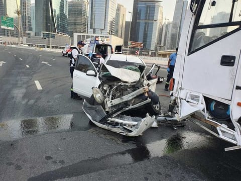 One person was injured in a head on collision on Mustaqbal Road in Business Bay while driving was driving in opposite direction.