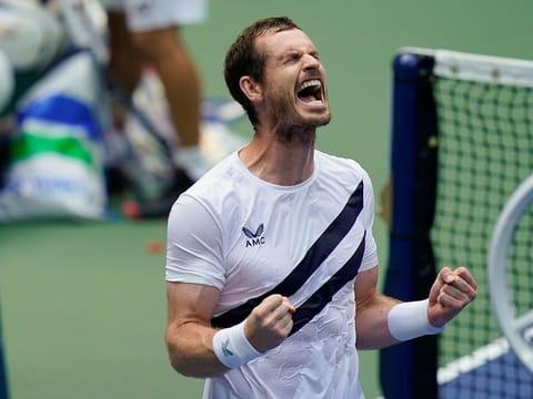 Andy Murray, of Great Britain, reacts after defeating Yoshihito Nishioka, of Japan, during the first round of the US Open tennis championships, Tuesday, Sept. 1, 2020, in New York.