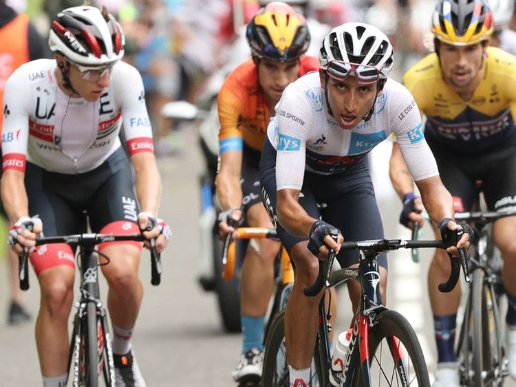 From left, Team UAE Emirates rider Tadej Pogacar, Team Bahrain's Mikel Landa, Team Ineos' Egan Bernal and Primoz Roglic ride during the 9th stage of the Tour de France 
