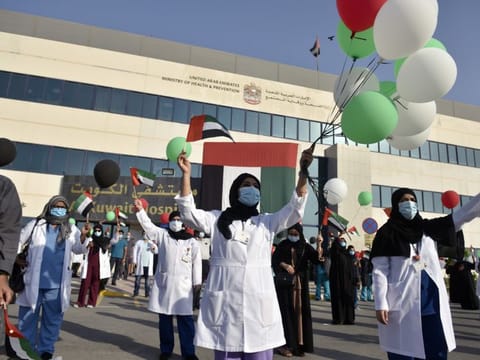 Health-care workers rejoice as UAE Air Force aerobatics is on display over Al Kuwait Hospital in Dubai as a mark of respect for frontline workers.