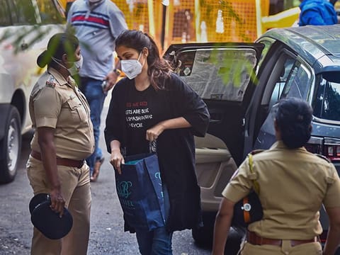 Rhea Chakraborty arrives at NCB office for questioning in connection with the death by suicide case of late actor Sushant Singh Rajput, at Ballard Estate in Mumbai, Tuesday, September 8, 2020. 