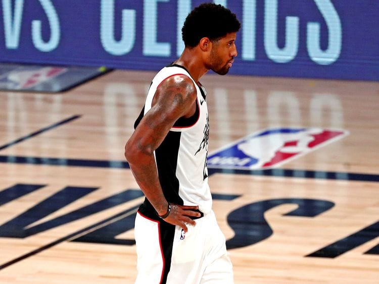 LA Clippers guard Paul George (13) reacts after the game against the Denver Nuggets