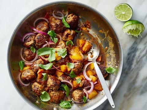 Skillet meatballs with peaches, basil and lime.