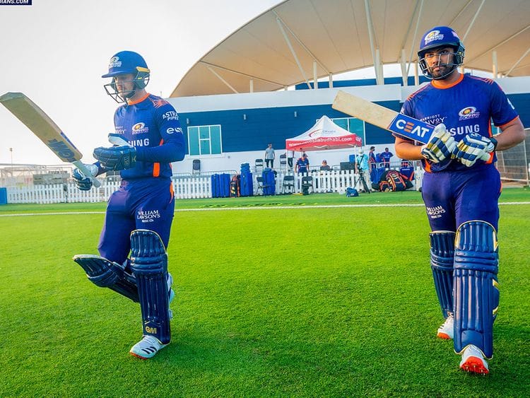 Rohit Sharma, right, and Quiton De Kock prepare to open the batting for Mumbai Indians during a practice match
