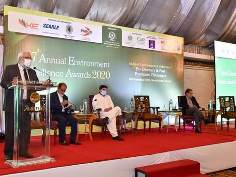 Vice-Chancellor of NED University of Engineering & Technology Prof Dr Sarosh Hashmat Lodi speaks at the Annual Environment Conference. Also seen sitting in the background is Sindh Information and Forests Minister Syed Nasir Hussain Shah.