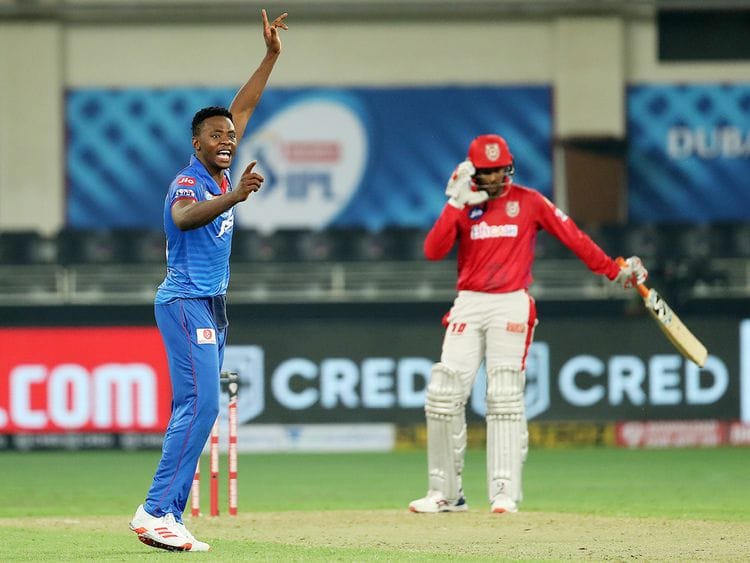 Kagiso Rabada of Delhi Capitals appeals for the wicket of Gowtham Krishnappa of Kings XI Punjab. 