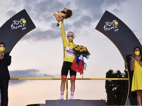 Tadej Pogacar, celebrating his Tour de France win last September, will be one of the marquee names for the 2021 UAE Tour.
