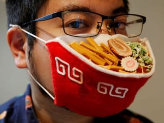 Japanese artist creates ramen COVID-19 face mask to complement fogged glasses