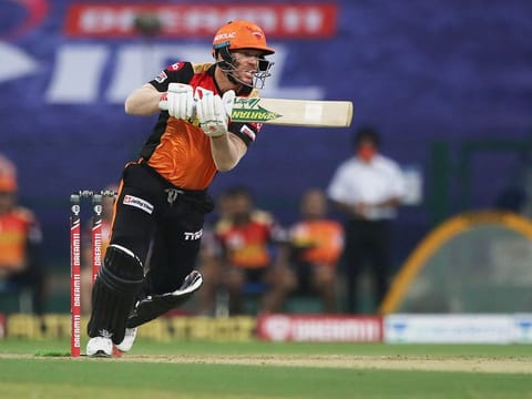 David Warner, captain of Sunrisers Hyderabad, plays a shot. 