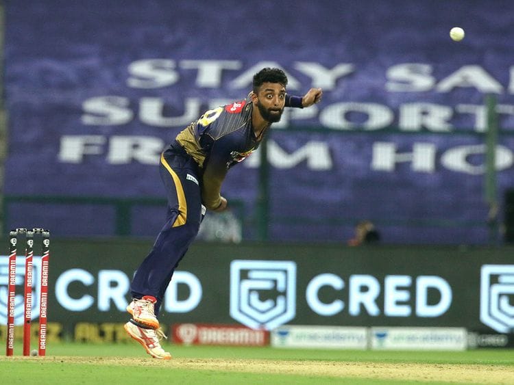 Varun Chakaravarthy of Kolkata Knight Riders bowls during the match. 