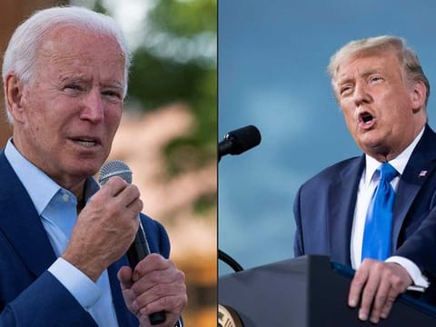 In this file combination of pictures created on September 25, 2020, Democratic presidential candidate Joe Biden speaks September 23, 2020 at the Black Economic Summit at Camp North End in Charlotte, North Carolina and US President Donald Trump speaks during a campaign rally  September 24, 2020 at Cecil Airport  in Jacksonville, Florida. With just over a month before the US presidential election, Donald Trump and Joe Biden are set to take the debate stage Tuesday September 29, the first show pitting the rivals against each other.