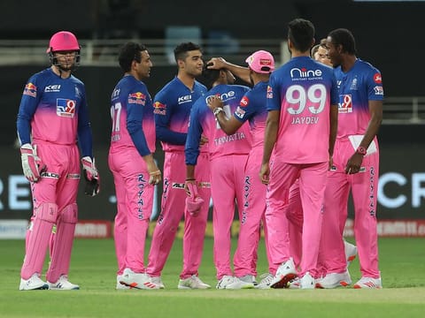 Rajasthan Royals players in a huddle during their campaign in IPL 2020 in the UAE.