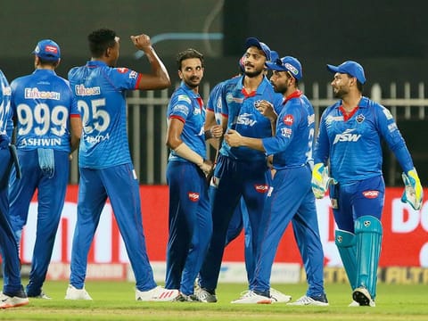 Delhi Capitals players celebrate the wicket of Nitish Rana of Kolkata Knight Riders. 