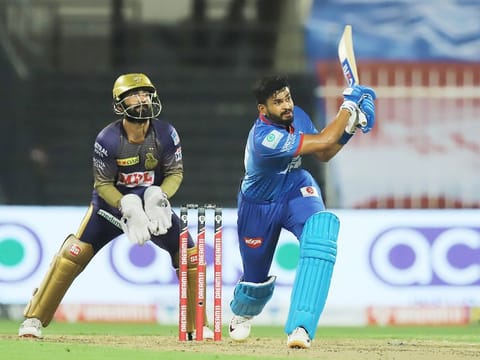 Shreyas Iyer, captain of Delhi Capitals, hits a six during Kolkata Knight Riders in Sharjah.