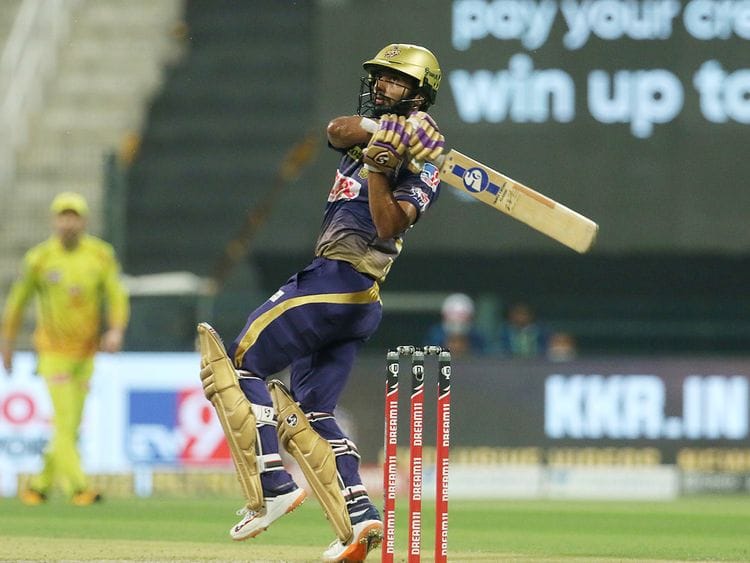 Rahul Tripathi of Kolkata Knight Riders hits a boundary. 