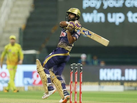 Rahul Tripathi of the Kolkata Knight Riders hooks against the Chennai Super Kings during the IPL 2020 match in Abu Dhabi on October 7, 2020.