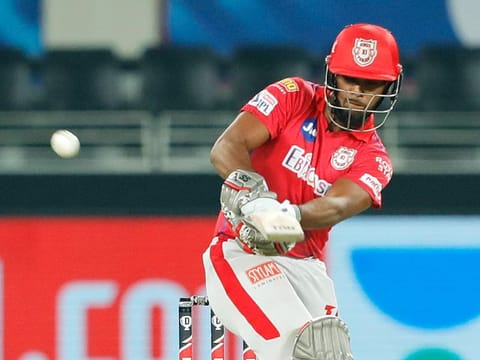 Nicholas Pooran of the Kings XI Punjab plays a shot during his whirlwind knock against the Delhi Capitals in the IPL 2020 game at the Dubai International Stadium on October 21, 2020.